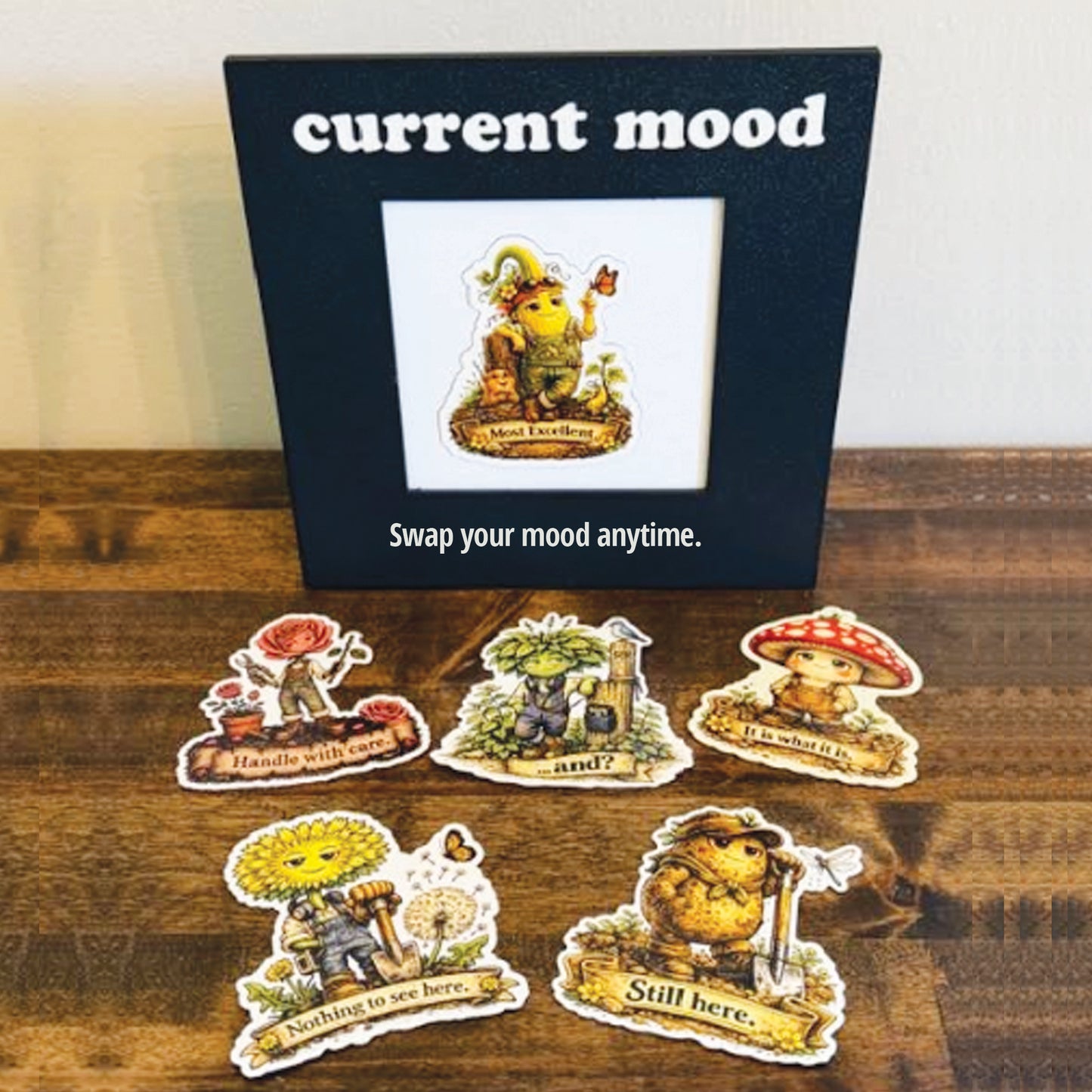 Current Mood Frame Set with 3 Magnets, Funny Garden Desk Decor, Retro Gardener Gift